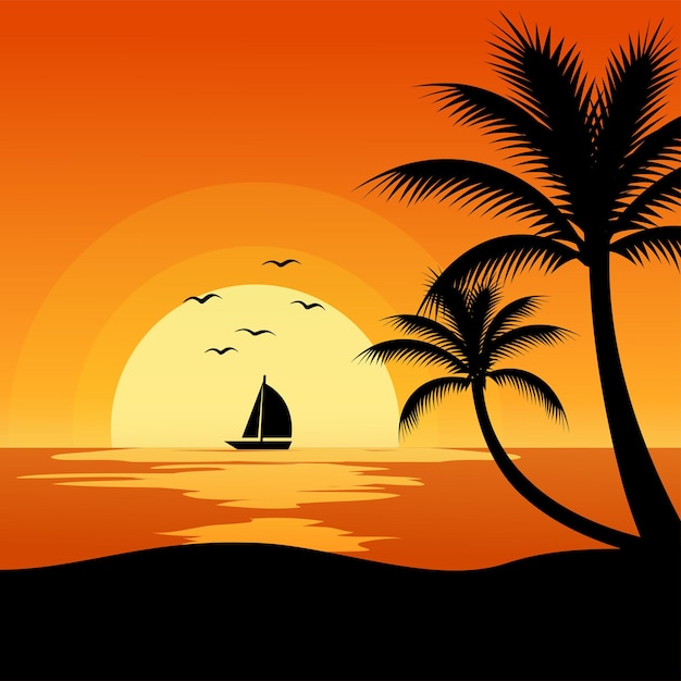 Pôr do sol na praia com barco e palmeira