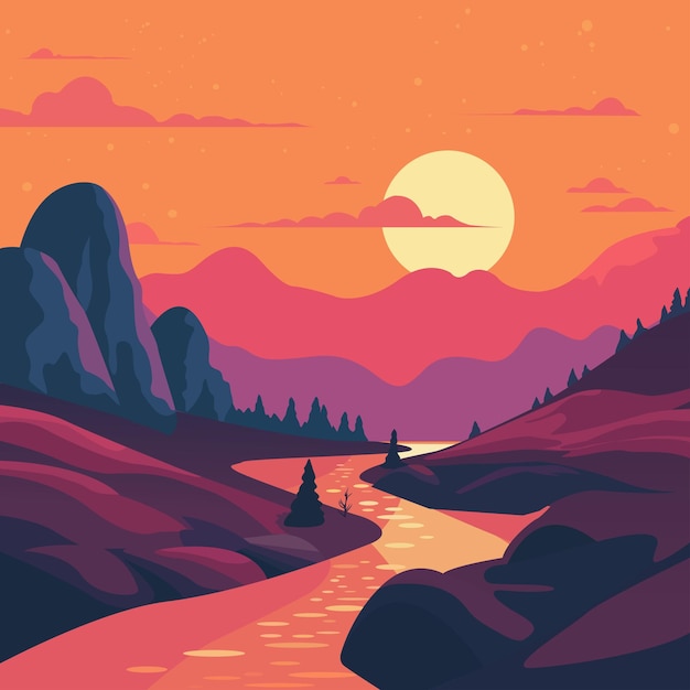 Vetor pôr do sol nas montanhas ilustração da paisagem