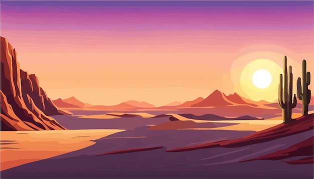 Pôr-do-sol no deserto do méxico com cactos no fundo de pedras e ilustração vetorial do céu