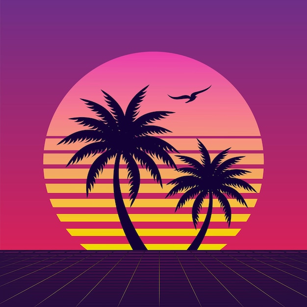 Pôr do sol tropical clássico retro dos anos 80 com palmeira