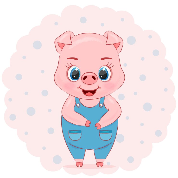porco bonito em roupas azuis em um fundo rosa