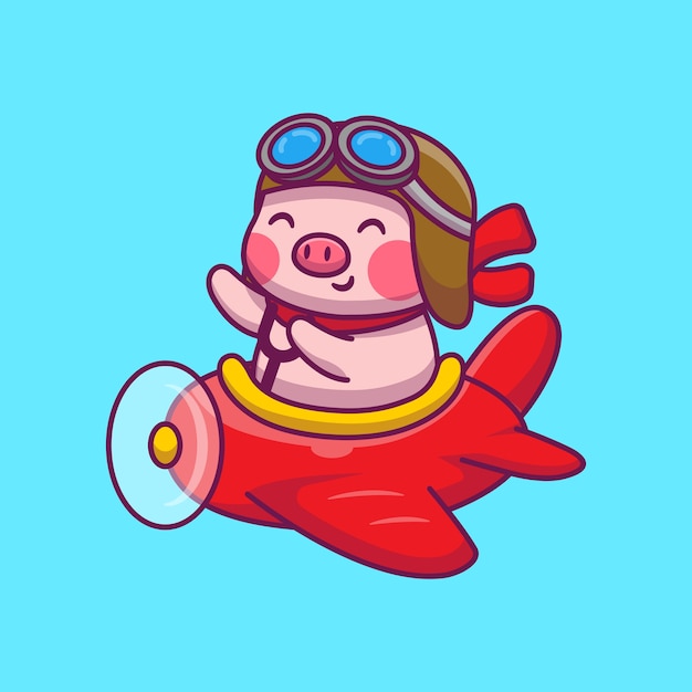 Porco bonito voando com ilustração dos desenhos animados de avião. conceito de ícone de animal e transporte