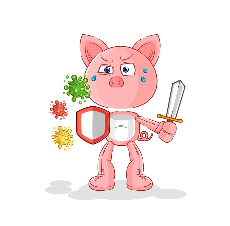 Vetor porco contra vírus vetor de mascote de desenho animado