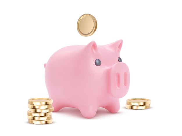 Porco do cofrinho rosa realista isolado no fundo branco. Cofrinho com moedas, poupança financeira e economia bancária, investimento de depósito de longo prazo. ilustração