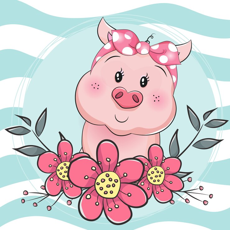 porco dos desenhos animados com flores em fundo azul