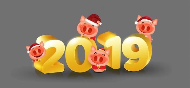 Porco feliz ano novo chinês 2019 isolado elementos