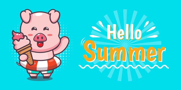 porco fofo com banner de saudação de verão