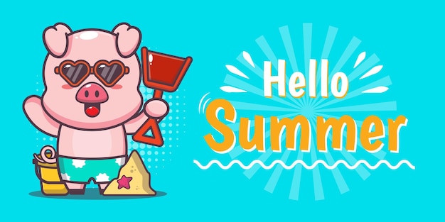 porco fofo com banner de saudação de verão