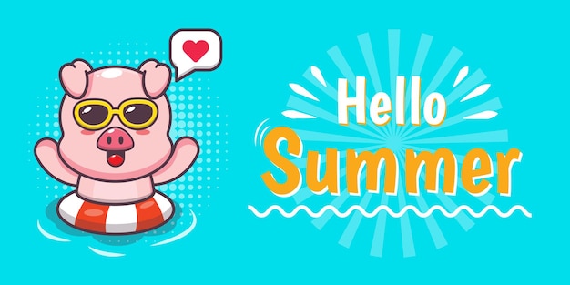 porco fofo com banner de saudação de verão