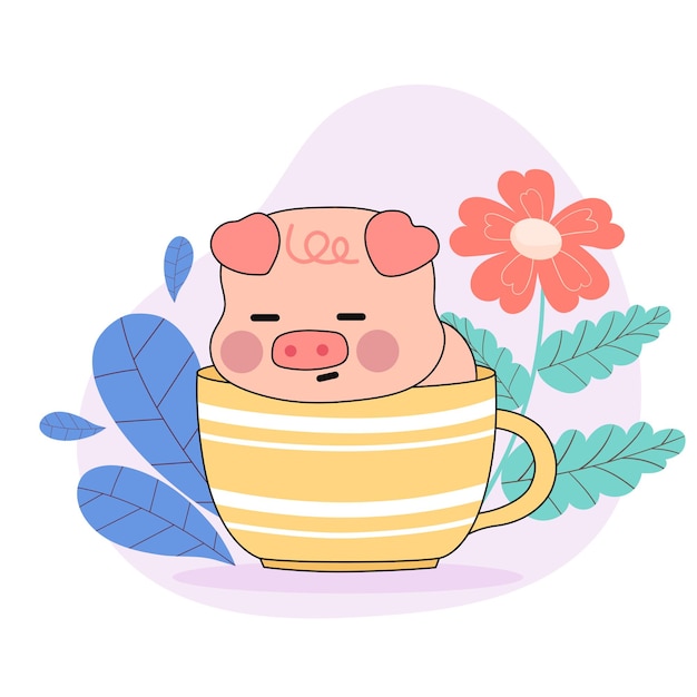 Porco fofo na ilustração dos desenhos animados da xícara de café