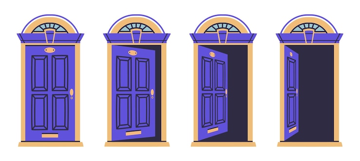 Vetor porta aberta e fechada entrada da casa porta de madeira animação porta do apartamento em várias posições conjunto de ilustração vetorial plana fachada da casa portas fechadas e abertas