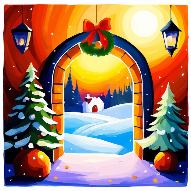 Vetor porta aberta no inverno e boneco de neve natal cartão arte ilustração vetorial