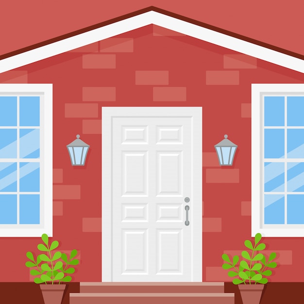 Porta da frente, casa na varanda. ilustração em design plano.