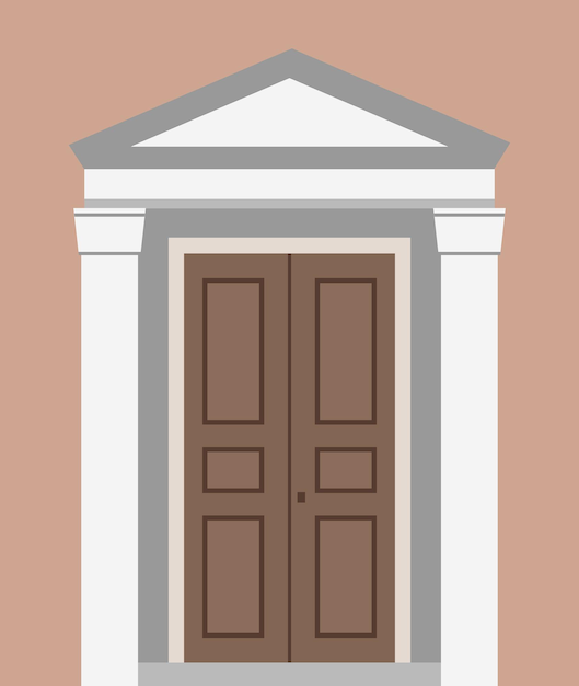 Porta da frente fechada de madeira marrom. projeto liso. ilustração vetorial.