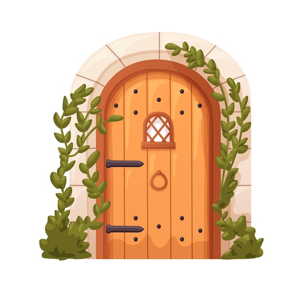 Vetor porta de madeira arqueada para antiga casa medieval. antiga porta vintage, entrada de madeira com aldrava e pequena janela, folhas, planta de hera. ilustração vetorial gráfica plana isolada sobre fundo branco.
