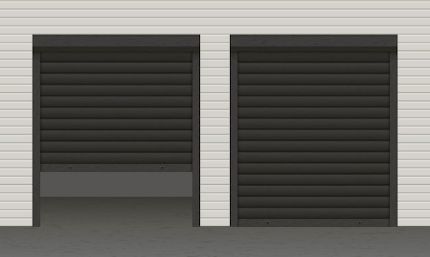 Vetor porta do obturador da garagem do rolo preto fechado e entreaberto com maquete de textura realista