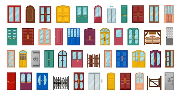 Porta exterior ilustração isolada no fundo branco. desenho animado conjunto porta. Porta de entrada de ícone definido dos desenhos animados.