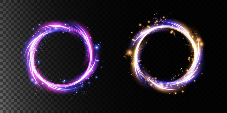 Vetor portais mágicos na cena noturna hologramas redondos azuis e dourados com raios de luz e brilhos túnel de teletransporte futurista brilhante com espaço de cópia em fundo preto