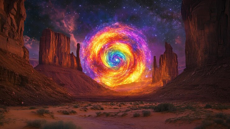 Vetor portal cósmico num deserto