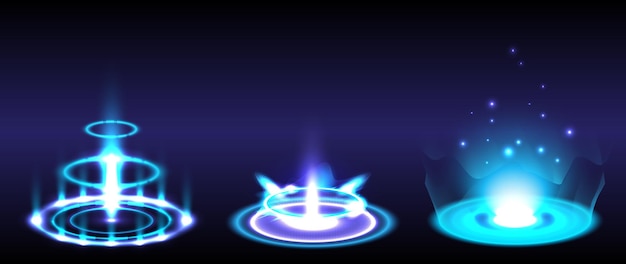 Portal de holograma da ciência futurista scifi coleção de alta tecnologia digital em hud brilhante portão de urdidura mágico na fantasia de jogo tecnologia abstrata círculo teleport pódio gui ui projetor de realidade virtual