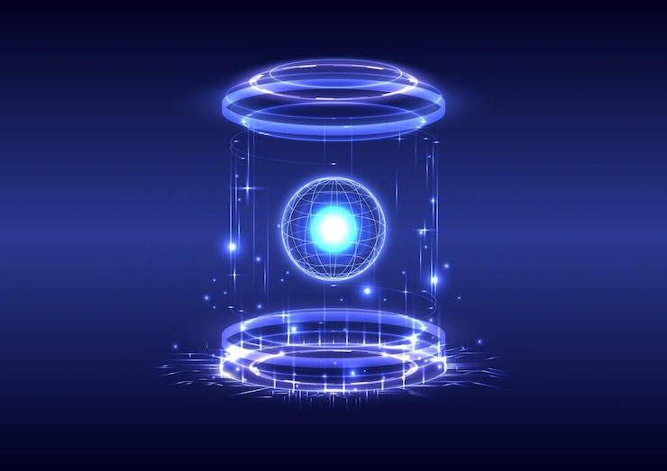 Vetor portal e holograma ciência futurista scifi digital hitech em projetor hud brilhante portão mágico na fantasia do jogo círculo teleport pódio gui e ui realidade virtual partícula do globo