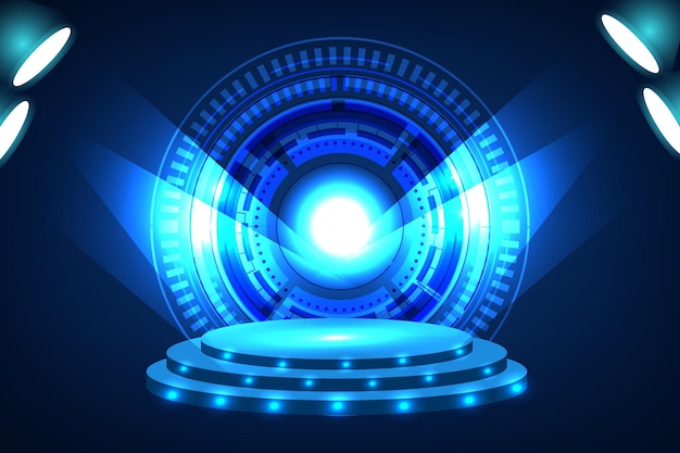 Portal e holograma elementos de círculo de cor azul futurista pódio padrão ou estúdio pedestal futurista plataforma redonda sala de exposição