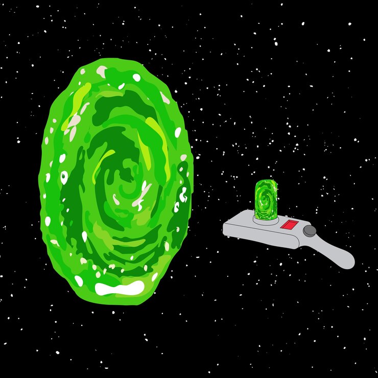 Vetor portal no espaço para outros universos com uma arma intergaláctica, em fundo preto isolado, vetor