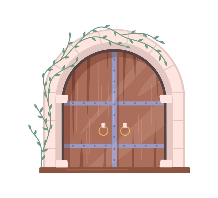 Vetor portão da porta do castelo com planta trepadeira