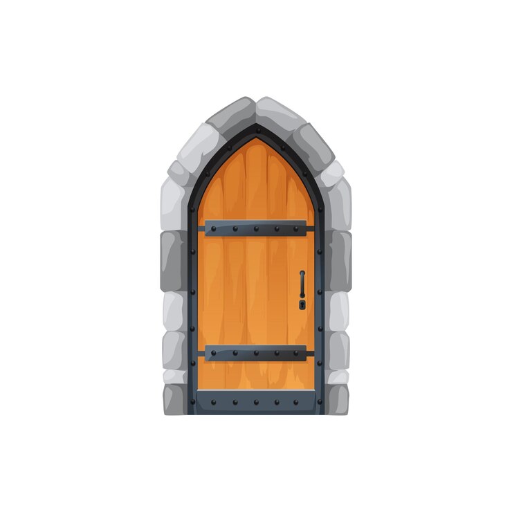 Vetor portão de castelo medieval de desenho animado ou portal de arco exterior de porta com porta de pedra vector entrada em arco de conto de fadas de madeira de masmorra ou palácio portão exterior de templo isolado com falsificação e maçaneta