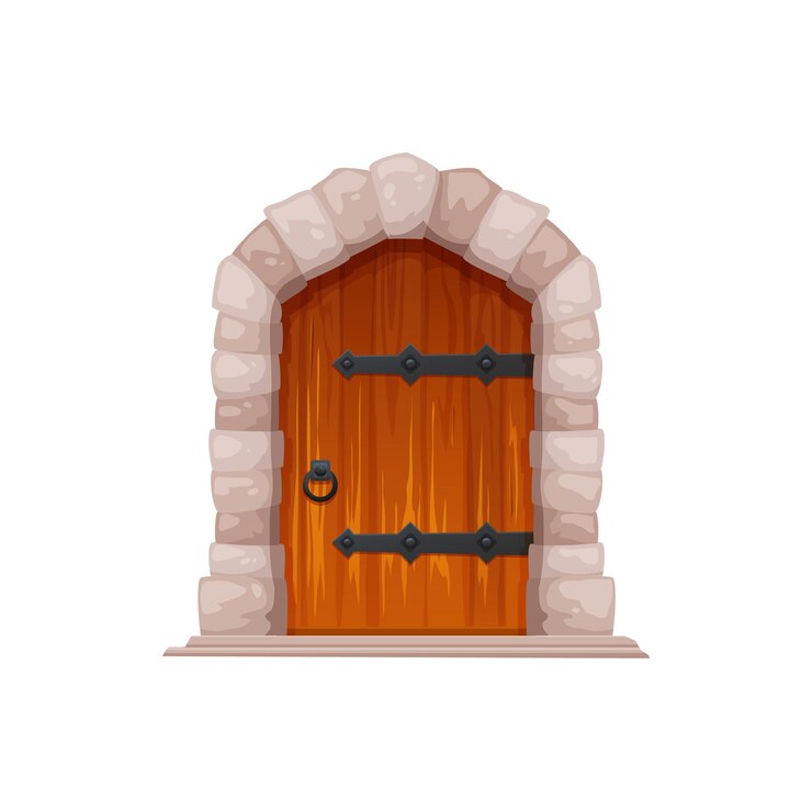 Vetor portão do castelo medieval dos desenhos animados, masmorra, porta de madeira, porta de casa antiga, edifício histórico medieval, portão de pedra ou templo europeu, porta vetorial isolada de madeira, entrada do castelo ou fortaleza
