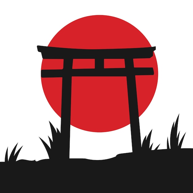 Portão japonês e design vetorial de fundo do nascer do sol