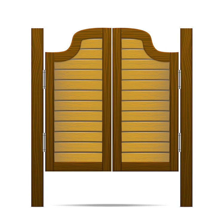 Vetor portão ou porta de madeira marrom no salão, bar ou pub. ilustração em vetor de arquitetura de entrada frontal