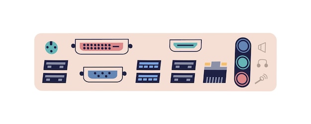 Portas de computador para diferentes tipos de conectores. interface de hardware com entradas usb, áudio, vídeo, ethernet, dvi, com, sata, vga para pc. ilustração em vetor plana colorida isolada no fundo branco.