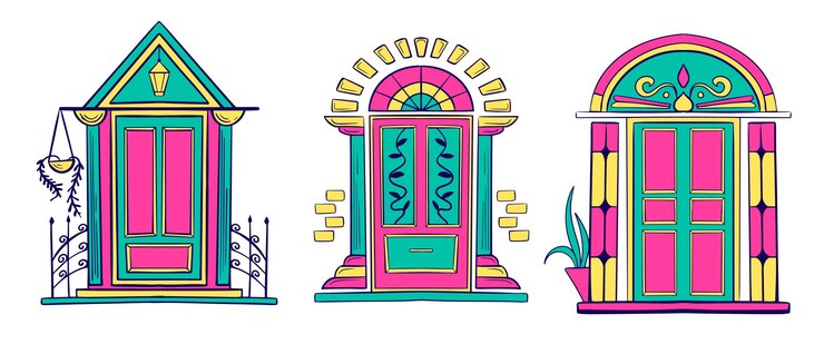 Vetor portas desenhadas à mão esboço conjunto ilustração vetorial