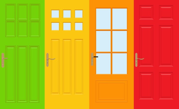 Vetor portas dianteiras coloridas para casas e edifícios definidas em estilo de design plano ilustração vetorial isolada