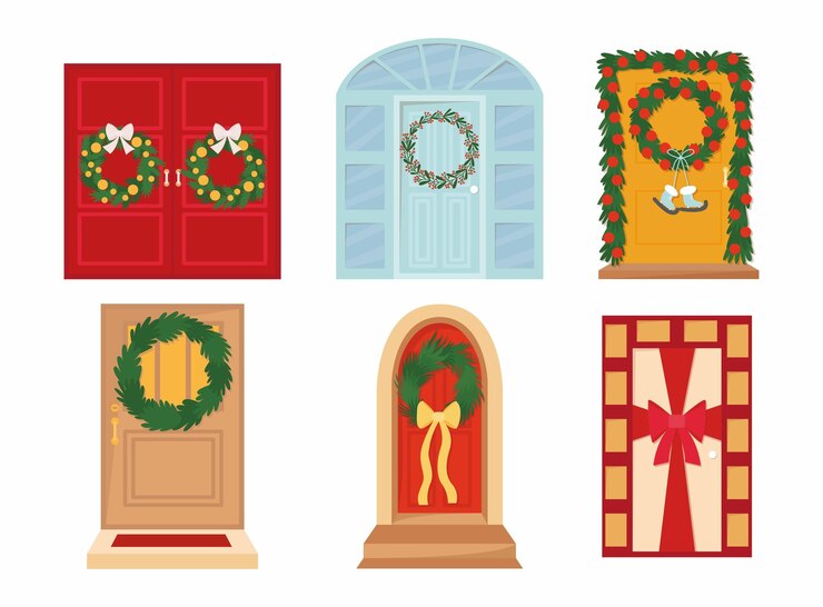 Vetor portas dianteiras de natal com conjunto vetorial de coroas e laços