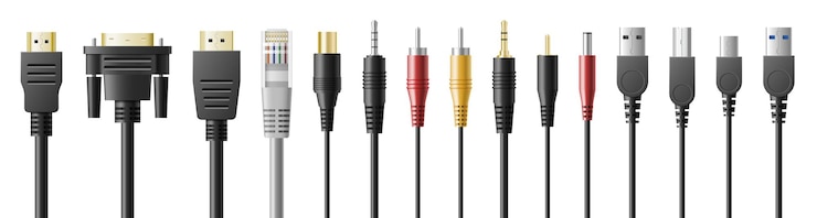Vetor portas do tipo usb, conjunto de cabos com conectores e carregadores realistas. diferentes cabos de computador para conexão, carregamento e transferência de dados de gadgets. ilustração vetorial 3d