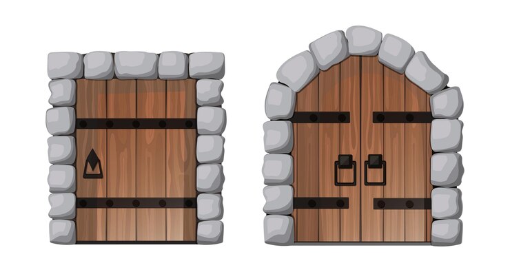 Vetor portas vintage do castelo medieval. estilo de desenho vetorial.
