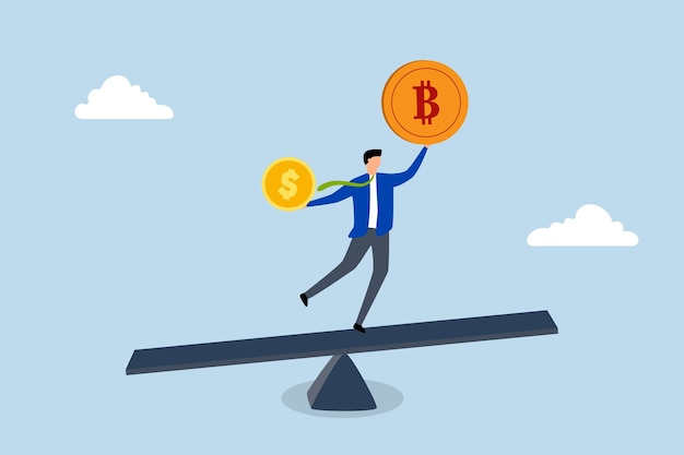 Portfólio de investimento com Bitcoin O empresário diversifica o portfólio de investimentos com uma mistura de dólar americano e bitcoin