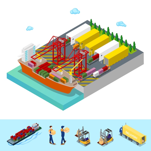 Vetor porto de carga marítima isométrica com frete porta-contentores e caminhões. ilustração 3d plana