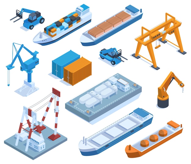 Porto isométrico, navios de carga, barcaças e contêineres. Navios portuários marinhos, conjunto de ilustração vetorial de contêineres de transporte de guindastes. Transporte aquaviário e logística. Contêiner portuário e carga isométrica