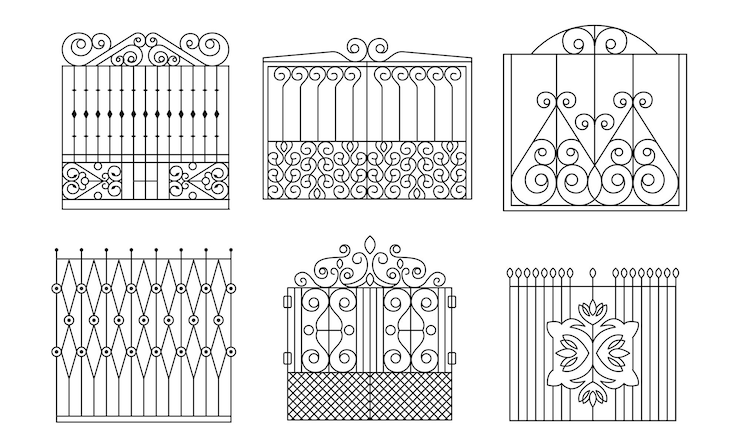 Vetor portões decorativos de ferro forjado set de cercas vintage com ilustração vetorial de redemoinhos
