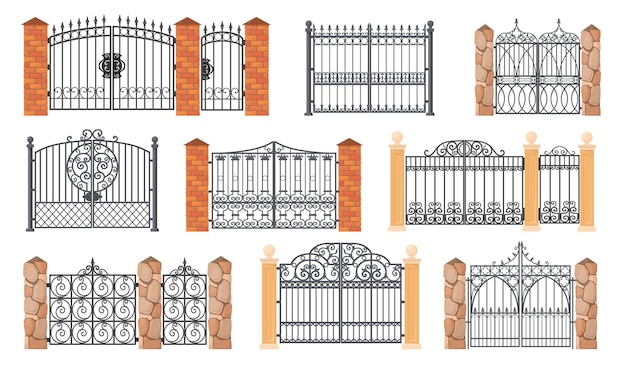 Vetor portões forjados portão forjado caricatura ornamental invólucro de metal para parque de casa ou jardim mansão entrada cerca de ferro antigo com trilhos decorativos de ferragens ilustração vetorial pura