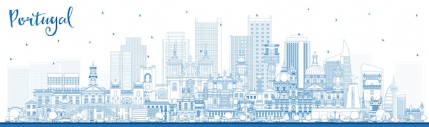 Vetor portugal delineia o horizonte da cidade com o conceito de ilustração vetorial de edifícios azuis com arquitetura moderna e histórica portugal cityscape com pontos de referência