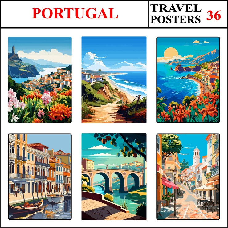 Vetor portugal madeira vila do bispo madeira poster de viagem colecção de impressões de arte de parede set parte 36
