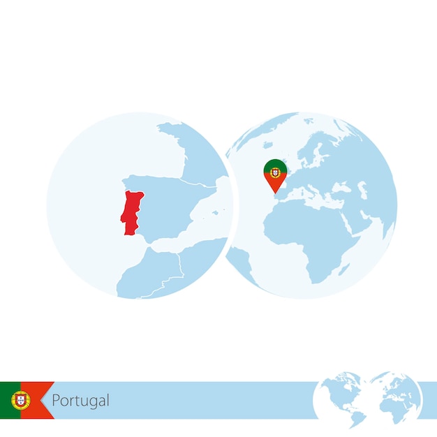 Portugal no globo do mundo com bandeira e mapa regional de portugal. ilustração vetorial.