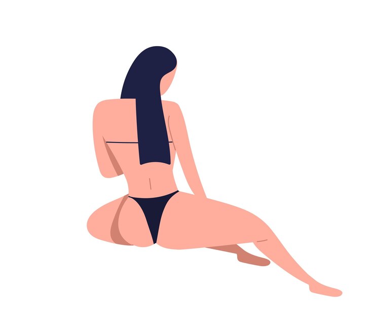 Vetor posando menina morena magra de biquíni com figura em forma. personagem feminina em cueca preta. mulher de volta em traje de banho com cabelo comprido. ilustração em vetor plana dos desenhos animados isolada no fundo branco.