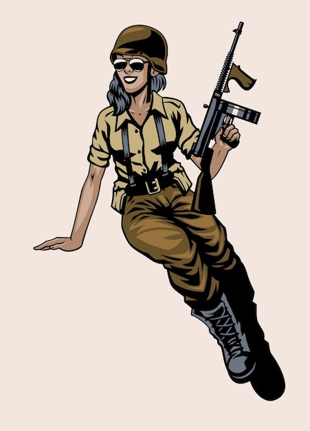 Vetor pose de soldado da garota pin up da 2ª guerra mundial