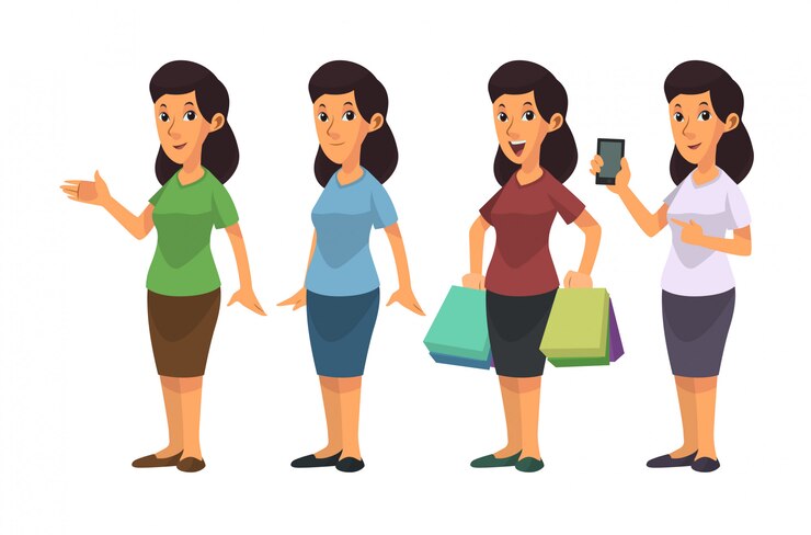 Vetor pose feminina, ilustração vetorial de compras