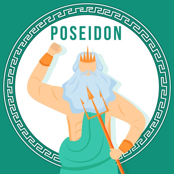 Vetor poseidon turquesa post de mídia social. deus grego antigo. figura mitológica. modelo de design do banner da web. reforço de mídia social, layout de conteúdo. cartaz, cartão imprimível com ilustrações planas